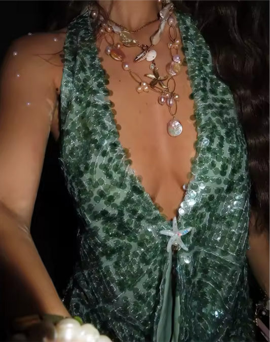 Teal Green Cowl Neck Halter Top for Women, Open Back Going Out Top