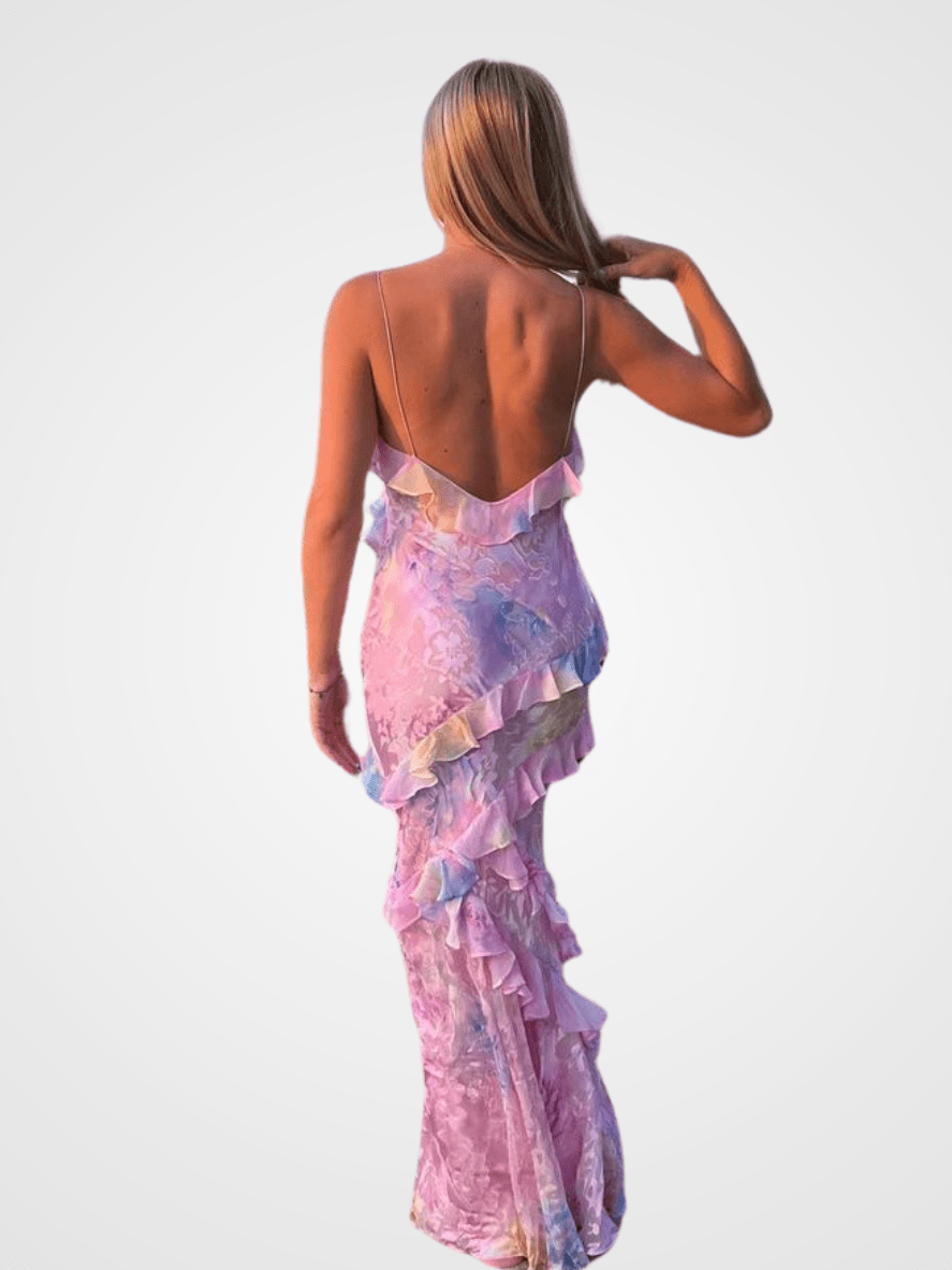 Elegant Ruffle Maxi Dress for Women - Long Sleeve Floral Open-Back Style