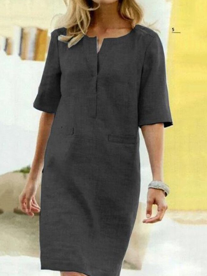 Variant image for Elegant Women's Summer Dress - Cotton Linen Blend Shift Dress with V-Slit Neck-41