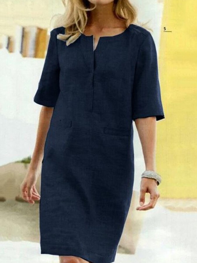 Elegant Women's Summer Dress - Cotton Linen Blend Shift Dress with V-Slit Neck 5