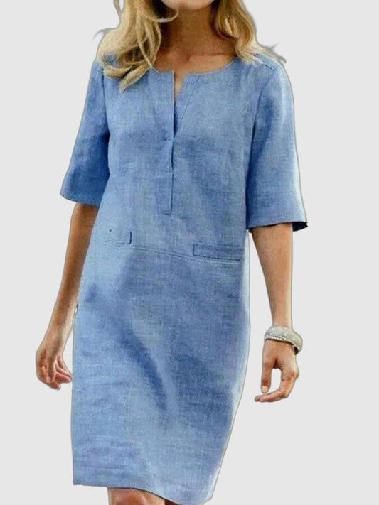 Elegant Women's Summer Dress - Cotton Linen Blend Shift Dress with V-Slit Neck 2
