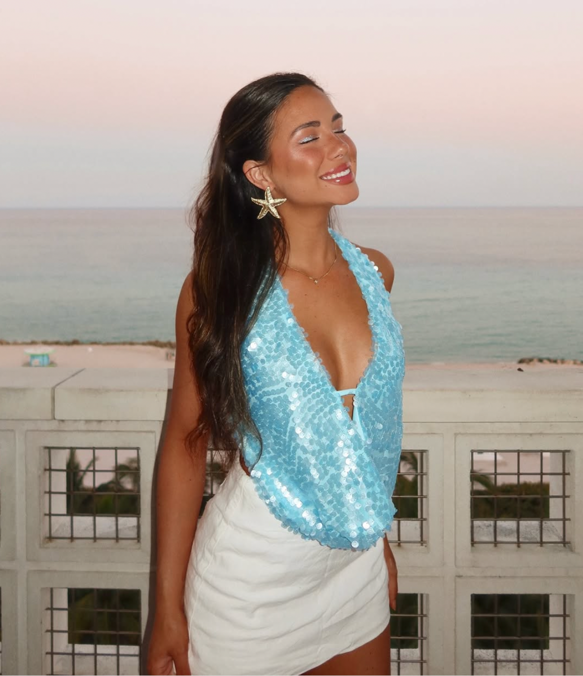 Women's Cowl Neck Halter Tank Top with Open Back, Sky Blue