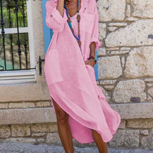 Cotton Linen Women's Maxi Dress - Relaxed Fit Button Front Summer Dress with Pockets 2