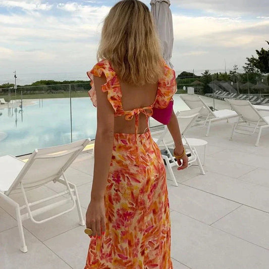 Elegant Women's Maxi Dress - Deep V-Neck, Ruffled Sleeves for Summer