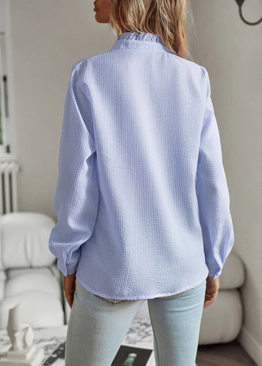 Textured Women's Blouse with Ruffled Neckline and Long Sleeves - Elegant Long Sleeve Tops for Casual and Semi-Formal Wear
