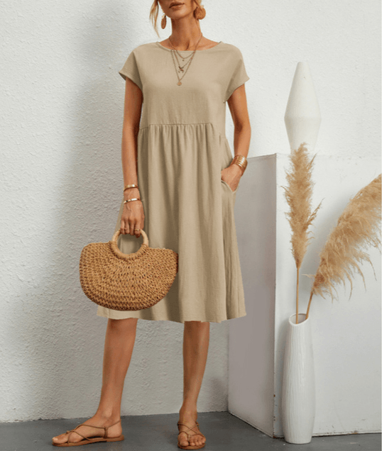 Couture-Moda Women's Summer Dress - A-Line Cotton Linen Short Sleeve Midi Dress 1