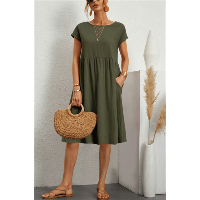 Couture-Moda Women's Summer Dress - A-Line Cotton Linen Short Sleeve Midi Dress 3