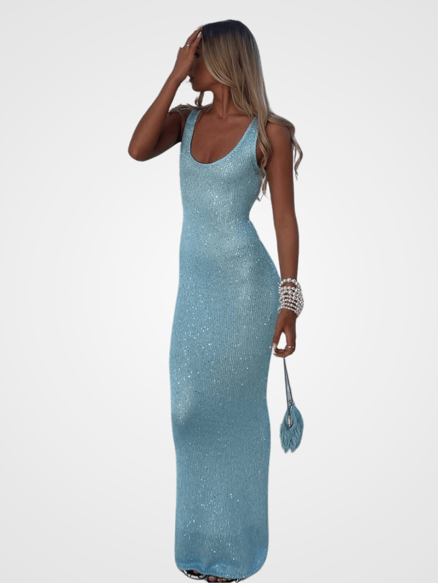 Elegant Ocean Blue Maxi Dress - Floor-Length U-Shaped Neckline for Women