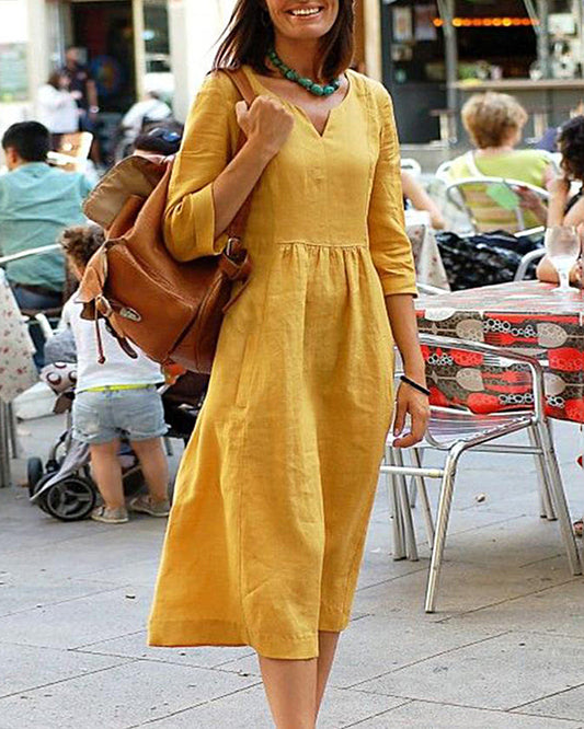 Couture-Moda Women's Summer Dress - Linen Blend Midi with V-Neck & Three-Quarter Sleeves 2