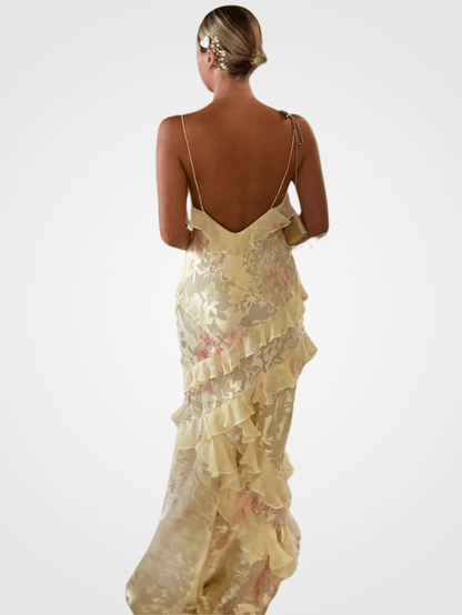 Elegant Ruffle Maxi Dress for Women - Long Sleeve Floral Open-Back Style