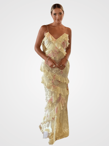 Elegant Ruffle Maxi Dress for Women - Long Sleeve Floral Open-Back Style