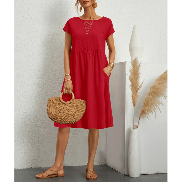 Couture-Moda Women's Summer Dress - A-Line Cotton Linen Short Sleeve Midi Dress 2