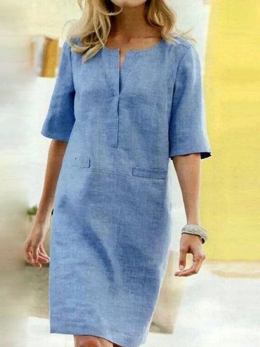 Elegant Women's Summer Dress - Cotton Linen Blend Shift Dress with V-Slit Neck 1