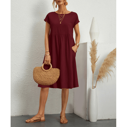 Variant image for Couture-Moda Women's Summer Dress - A-Line Cotton Linen Short Sleeve Midi Dress-11
