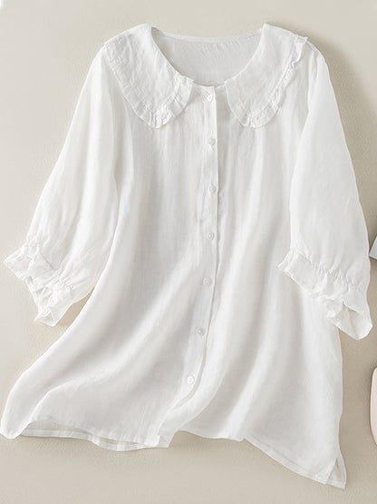 Women's Cotton Linen Blouse with Ruffled Peter Pan Collar - Loose Fit