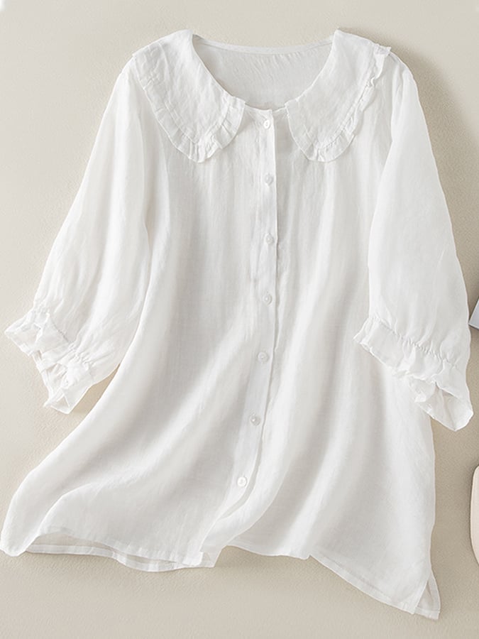 Variant image for Women's Cotton Linen Blouse with Ruffled Peter Pan Collar - Loose Fit-5