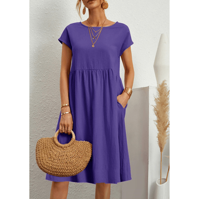 Variant image for Couture-Moda Women's Summer Dress - A-Line Cotton Linen Short Sleeve Midi Dress-46