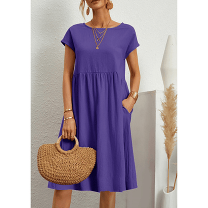 Variant image for Couture-Moda Women's Summer Dress - A-Line Cotton Linen Short Sleeve Midi Dress-46
