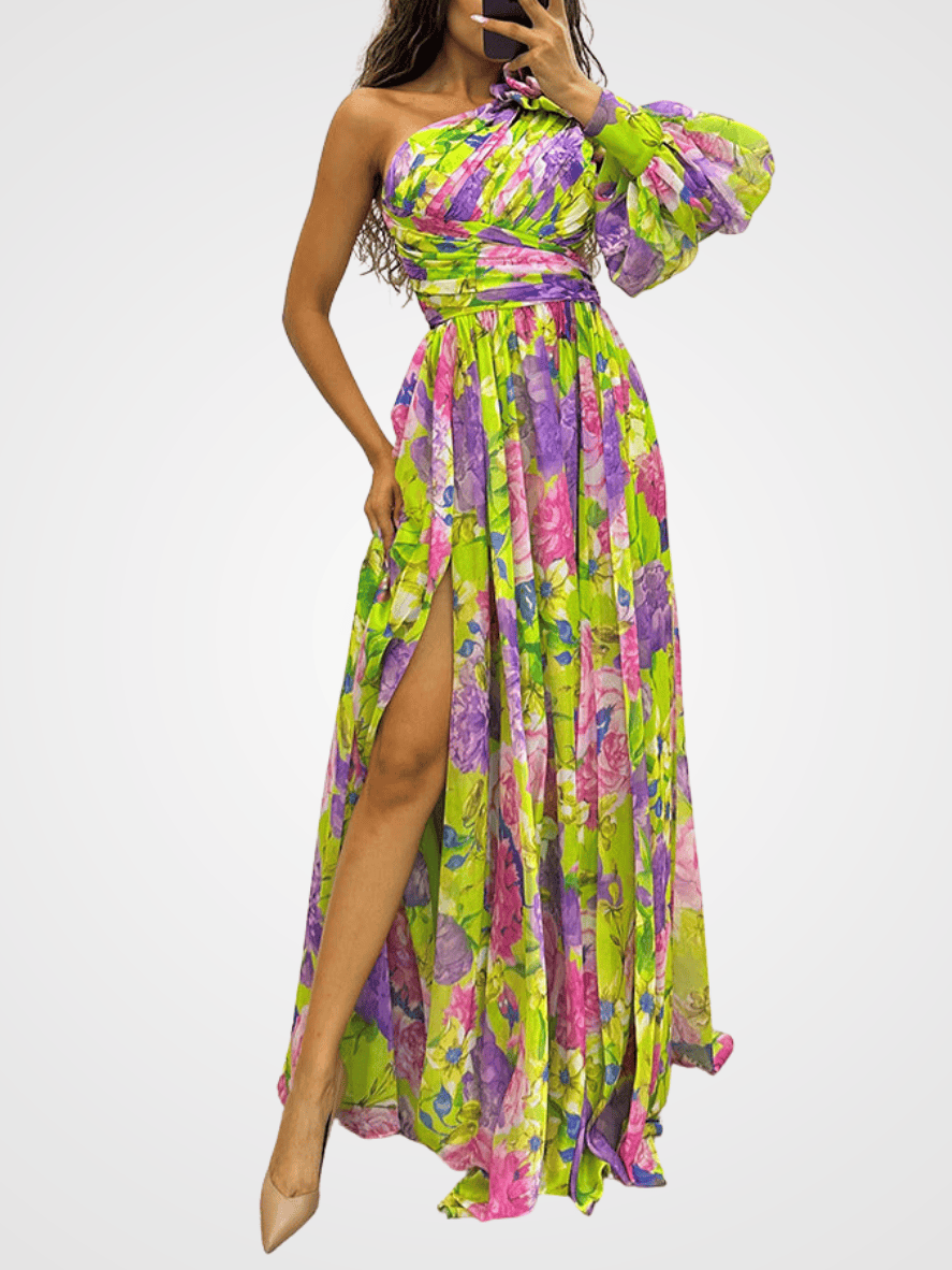 Elegant Women's One-Shoulder Floral Gown - Formal Evening & Party Dress