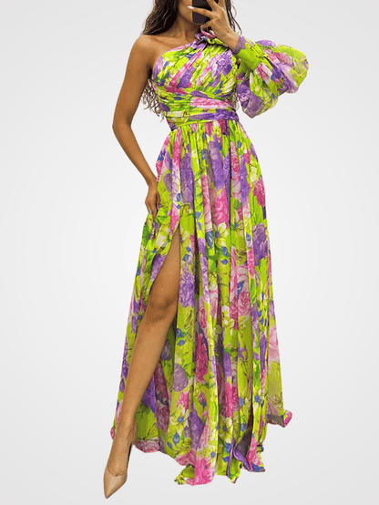 Elegant Women's One-Shoulder Floral Gown - Formal Evening & Party Dress