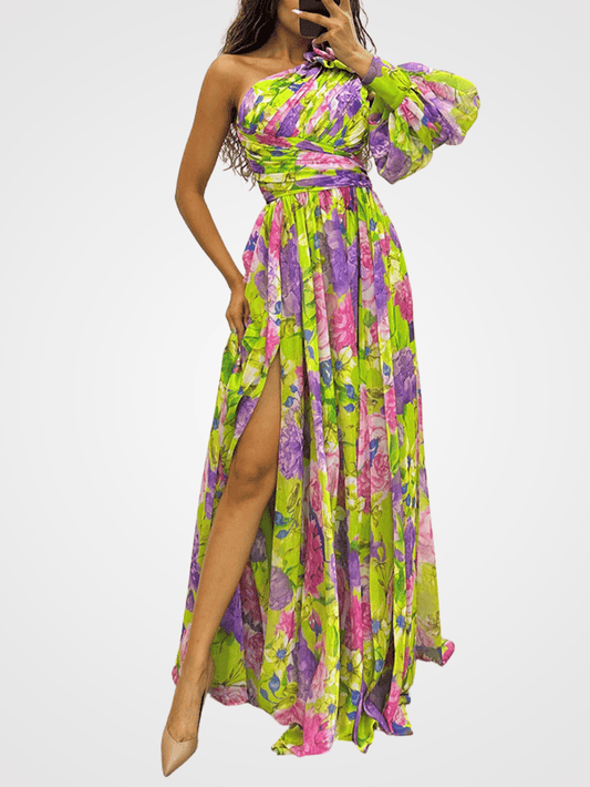 Elegant Women's One-Shoulder Floral Gown - Formal Evening & Party Dress
