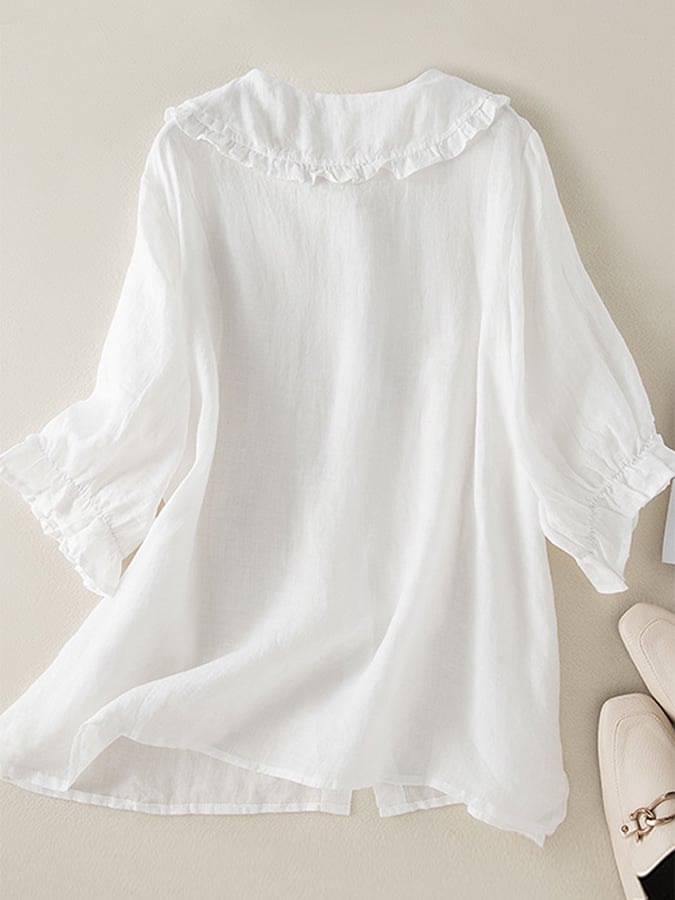 Women's Cotton Linen Blouse with Ruffled Peter Pan Collar - Loose Fit