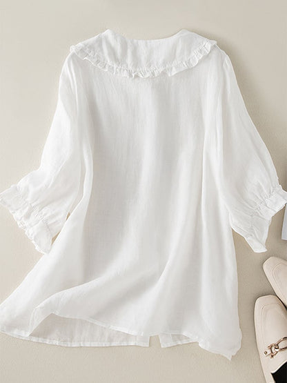 Women's Cotton Linen Blouse with Ruffled Peter Pan Collar - Loose Fit