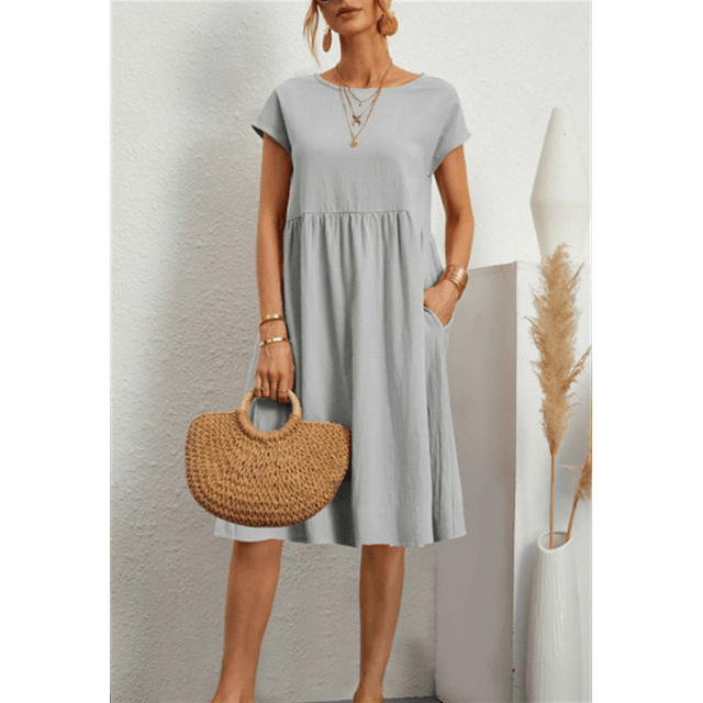 Couture-Moda Women's Summer Dress - A-Line Cotton Linen Short Sleeve Midi Dress 5