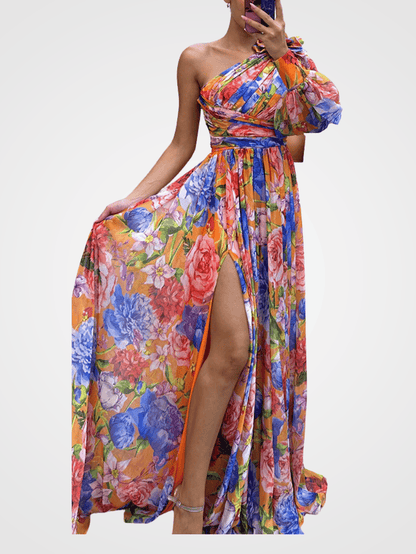 Elegant Women's One-Shoulder Floral Gown - Formal Evening & Party Dress