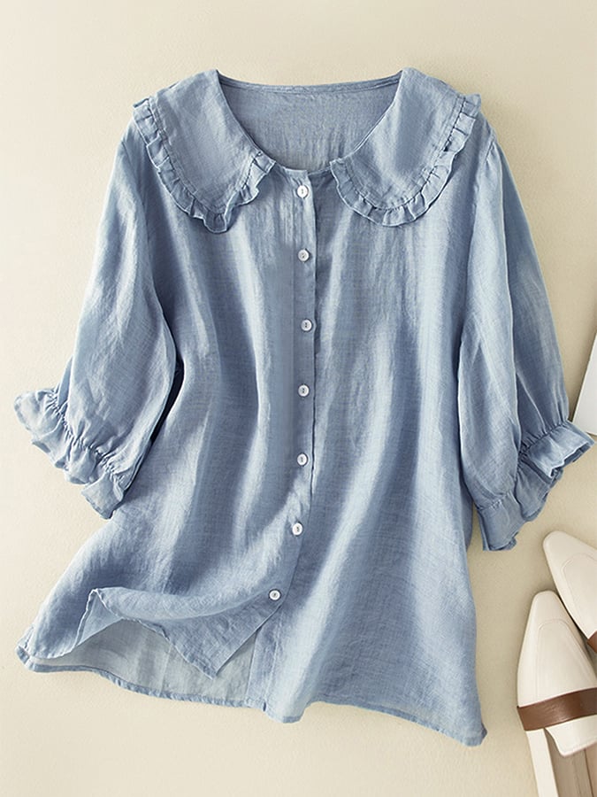 Variant image for Women's Cotton Linen Blouse with Ruffled Peter Pan Collar - Loose Fit-1