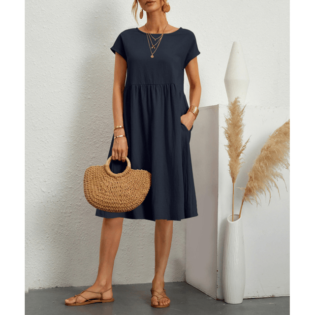 Variant image for Couture-Moda Women's Summer Dress - A-Line Cotton Linen Short Sleeve Midi Dress-31
