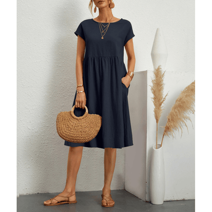 Variant image for Couture-Moda Women's Summer Dress - A-Line Cotton Linen Short Sleeve Midi Dress-31