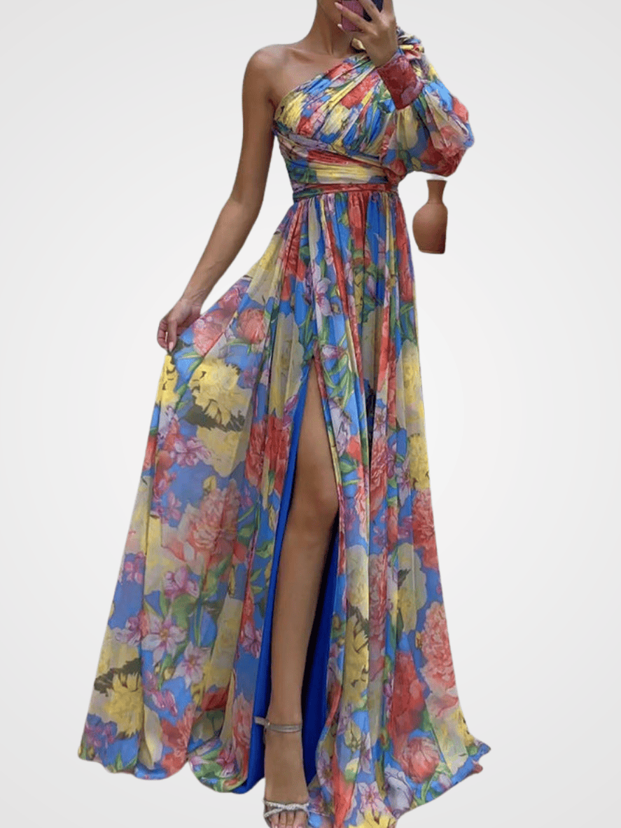 Elegant Women's One-Shoulder Floral Gown - Formal Evening & Party Dress