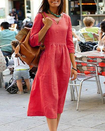 Couture-Moda Women's Summer Dress - Linen Blend Midi with V-Neck & Three-Quarter Sleeves 3