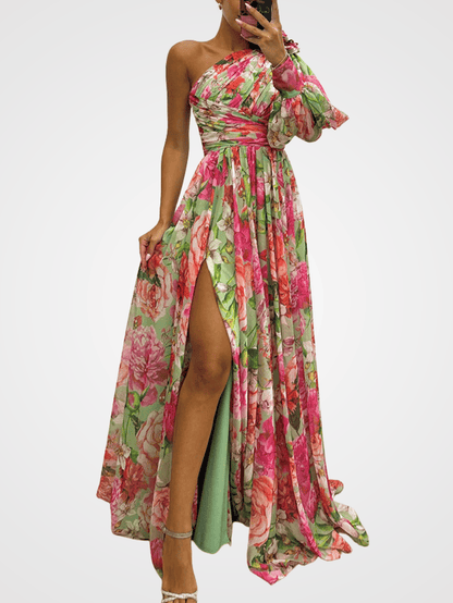 Elegant Women's One-Shoulder Floral Gown - Formal Evening & Party Dress