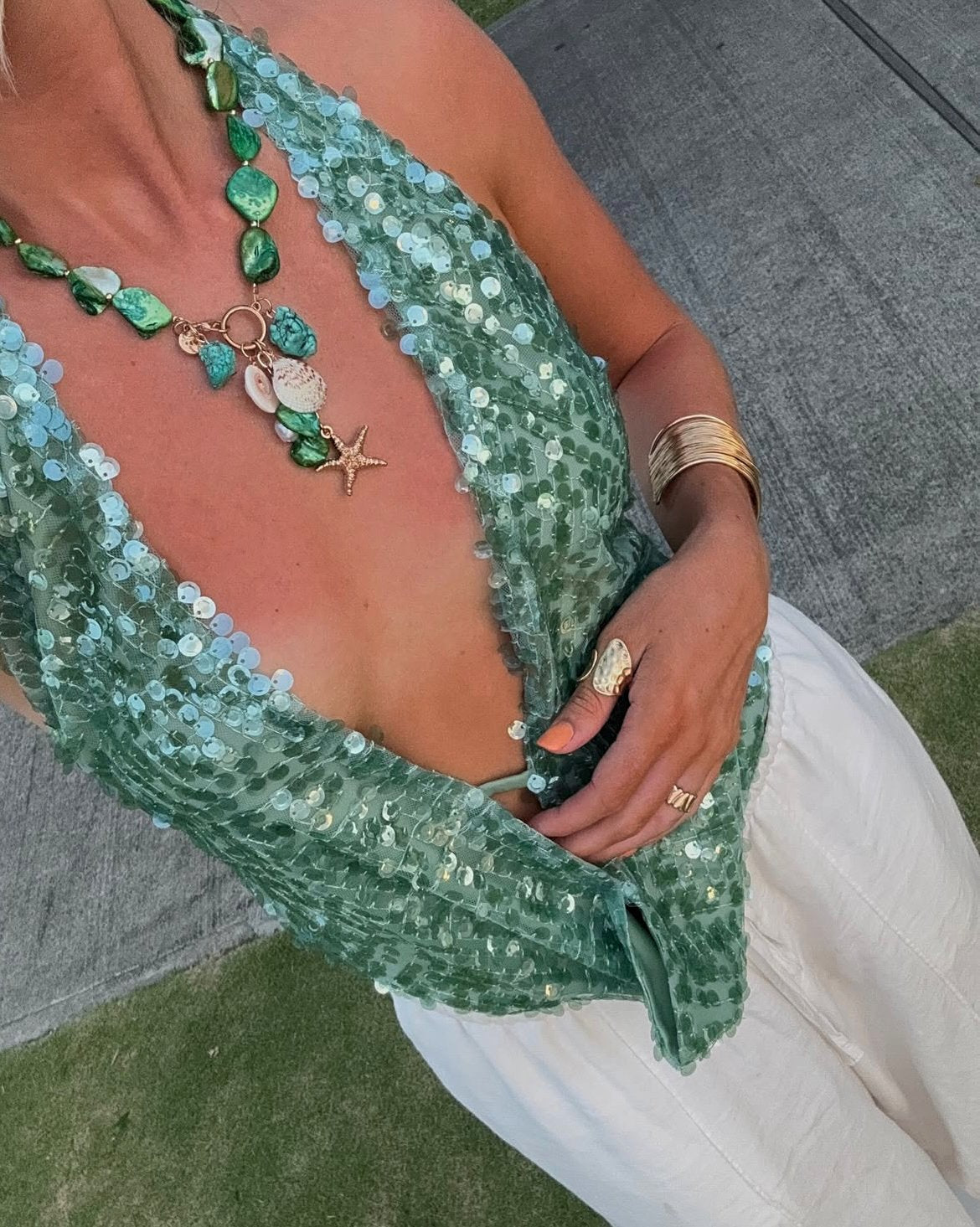 Teal Green Cowl Neck Halter Top for Women, Open Back Going Out Top