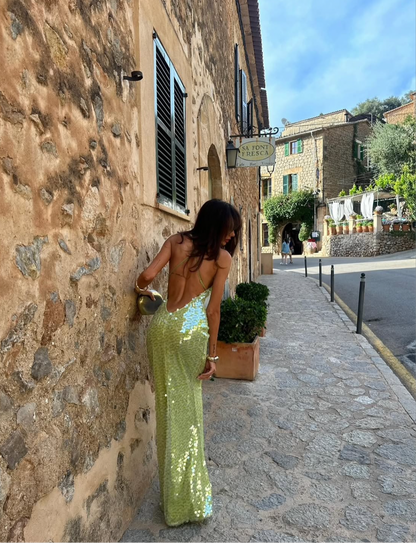 Glamorous Lime Green Sequin Maxi Dress for Women with Scoop Neckline & Spaghetti Straps