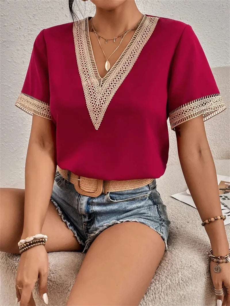 Women's Elegant Lace Short Sleeve V-Neck Blouse for Summer