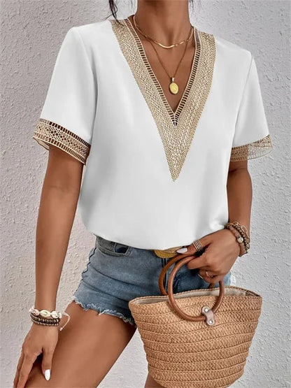 Women's Elegant Lace Short Sleeve V-Neck Blouse for Summer