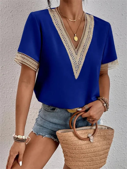 Women's Elegant Lace Short Sleeve V-Neck Blouse for Summer