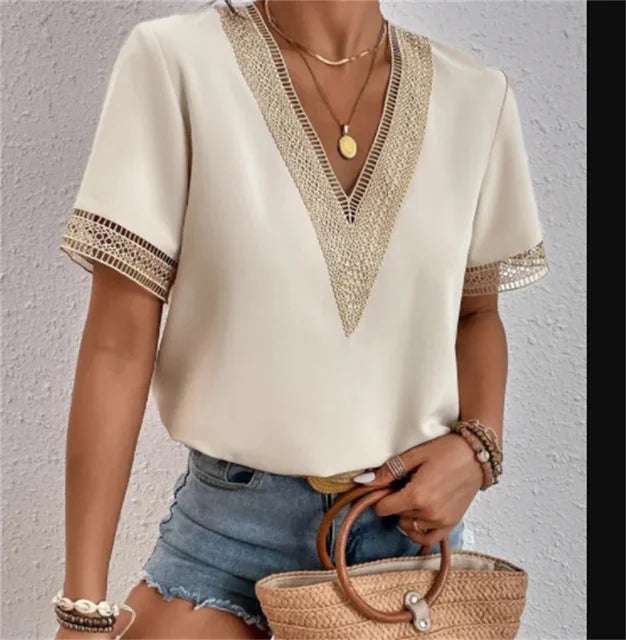 Women's Elegant Lace Short Sleeve V-Neck Blouse for Summer