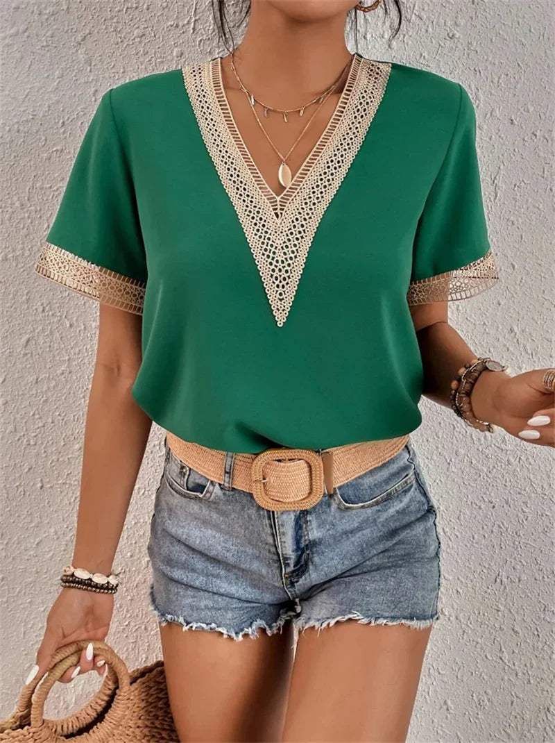 Women's Elegant Lace Short Sleeve V-Neck Blouse for Summer