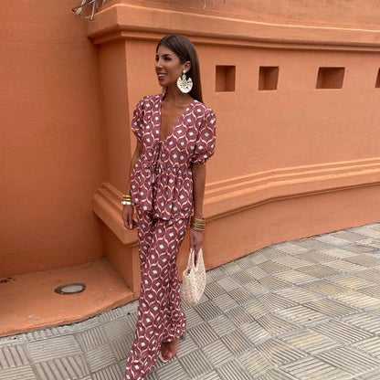 Boho Chic Women's Two-Piece Linen Set - Puff Sleeve Top & Wide-Leg Pants for Holiday Clothes 1