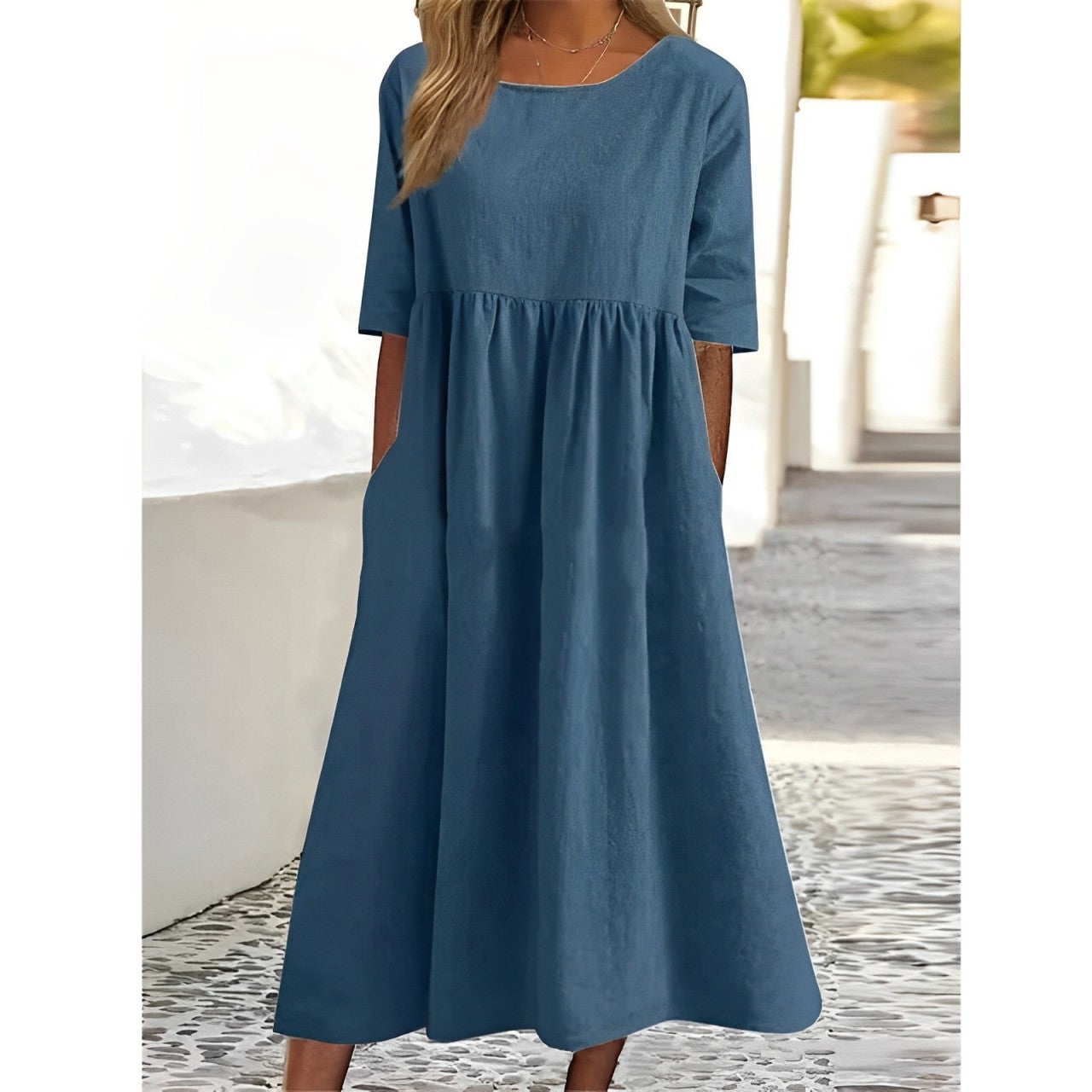 Variant image for Harper Women's Summer Dress - Vintage Midi in Breathable Cotton-Linen with Pleated Design-49