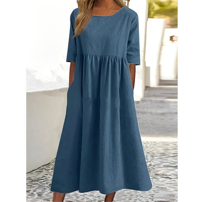 Variant image for Harper Women's Summer Dress - Vintage Midi in Breathable Cotton-Linen with Pleated Design-49