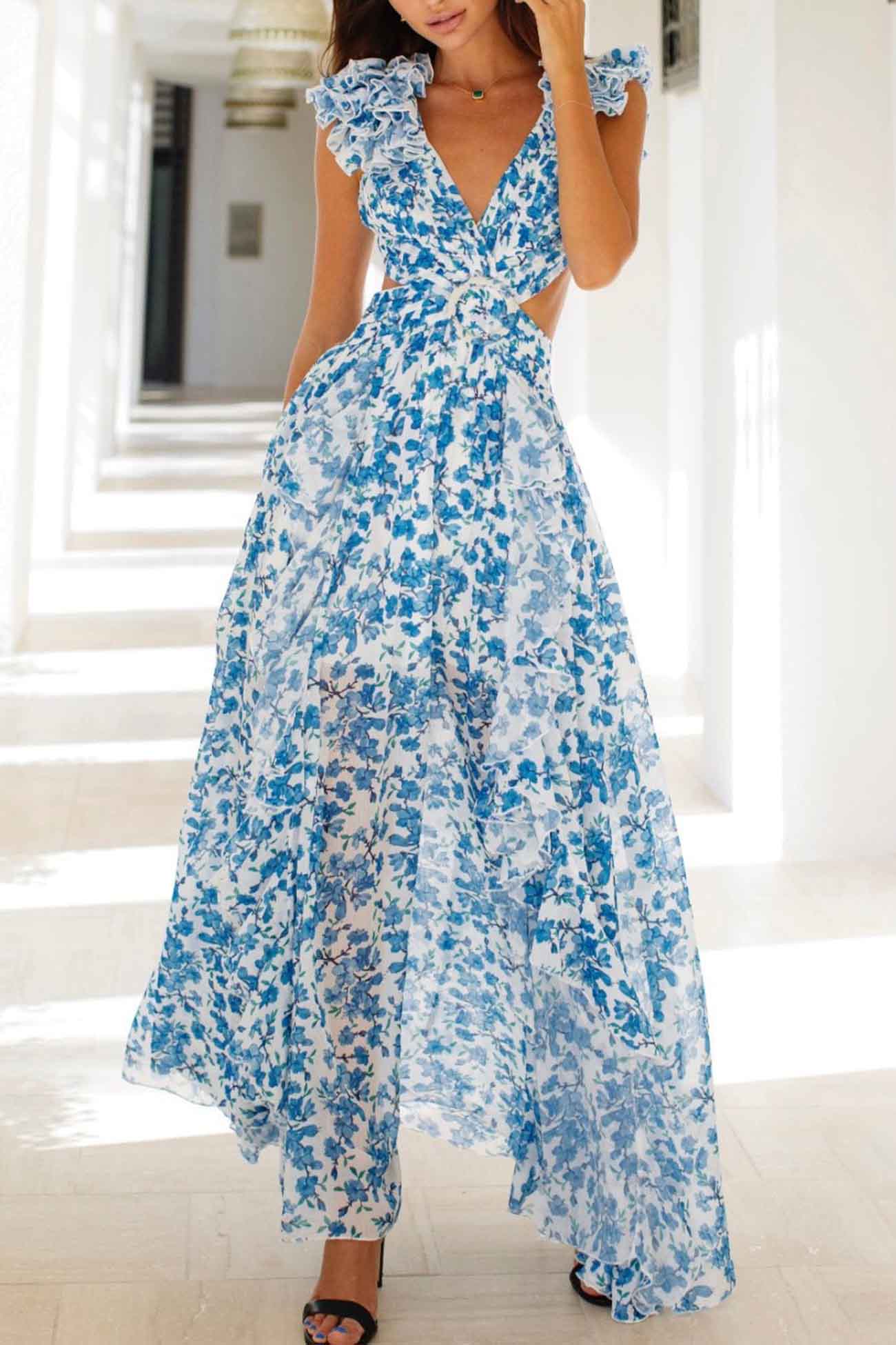 Elegant Floral Ruffle Maxi Dress for Women - Deep V-Neck Summer Formal Wear