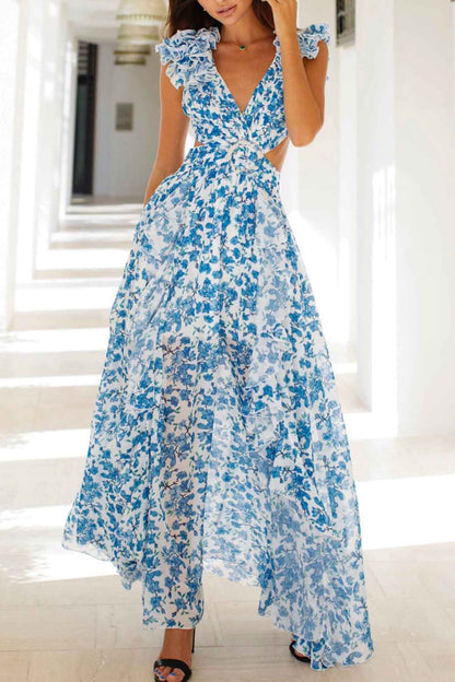 Elegant Floral Ruffle Maxi Dress for Women - Deep V-Neck Summer Formal Wear