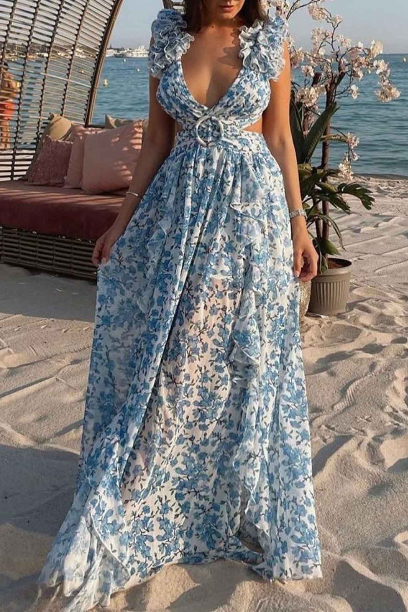 Elegant Floral Ruffle Maxi Dress for Women - Deep V-Neck Summer Formal Wear