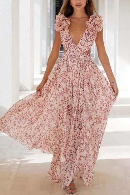 Elegant Floral Ruffle Maxi Dress for Women - Deep V-Neck Summer Formal Wear