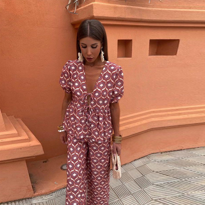 Boho Chic Women's Two-Piece Linen Set - Puff Sleeve Top & Wide-Leg Pants for Holiday Clothes 6